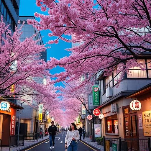 A bustling street in Tokyo, Japan, during cherry blossom season, representing a client's cultural immersion trip