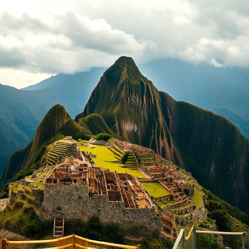 Panoramic view of Machu Picchu ruins nestled in the Andes Mountains, Peru